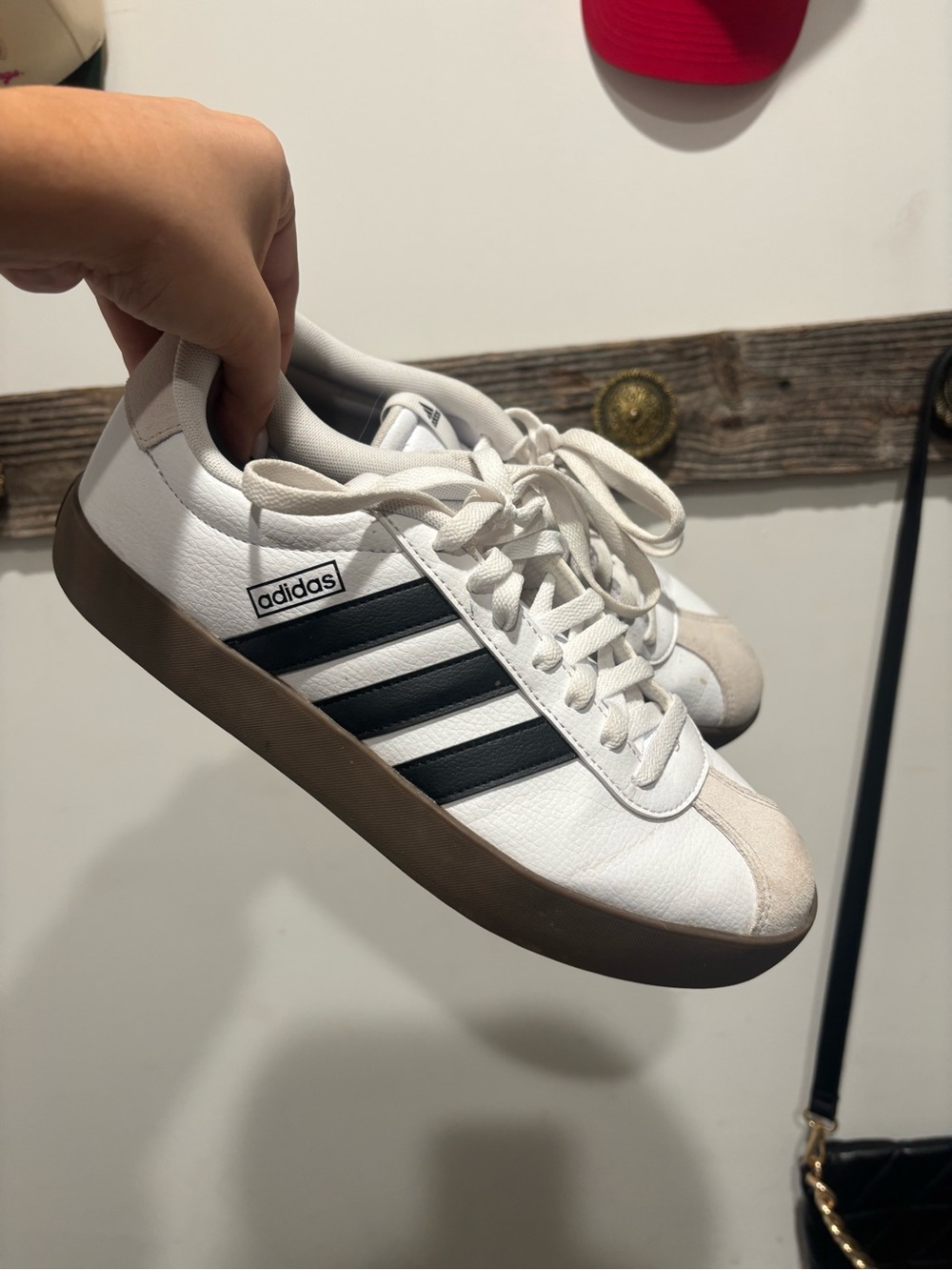 adidas White Sneakers with Black Three Stripes and Gum Sole
